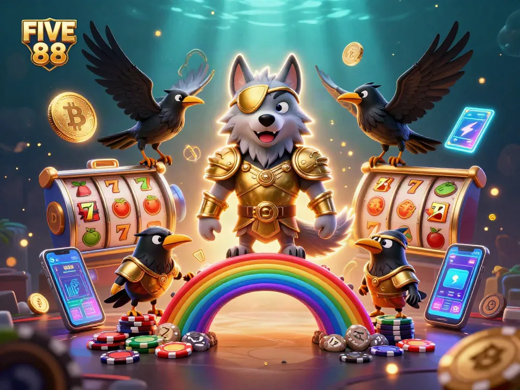 Experience the excitement of FIVE 88 with a vibrant cartoon-themed casino scene featuring Norse mythology elements.