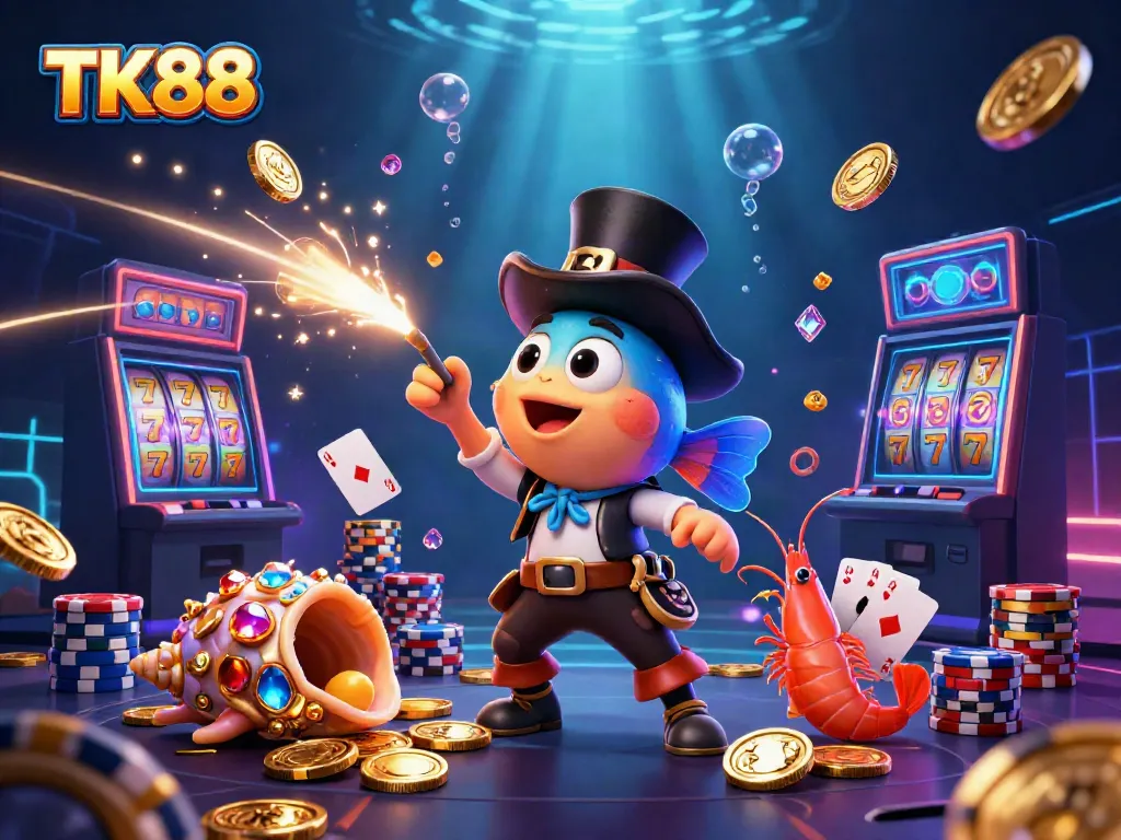 Engage with TK88's vibrant casino scene featuring playful characters and dynamic slot elements.