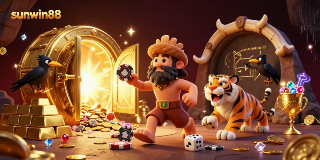 Experience thrilling gameplay with sunwin88 in a vibrant and engaging prehistoric casino scene.