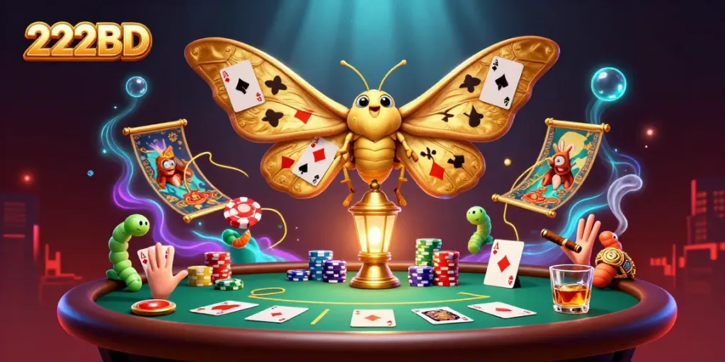 Win big with 222BD at a lively casino table amidst golden moths and poker chips.