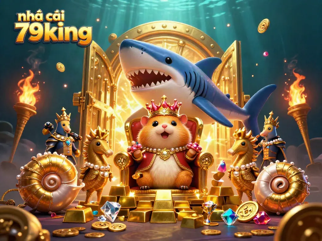 Engage with the vibrant world of nhà cái 79king, featuring a whimsical golden hamster king and dynamic casino elements.