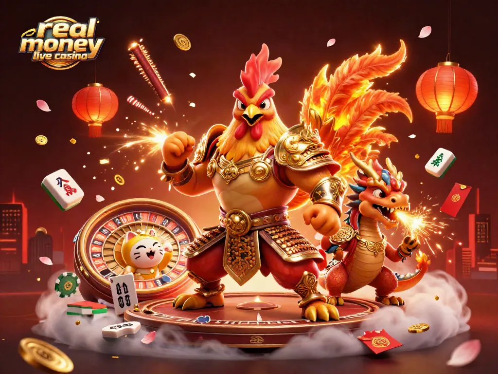 Engage in thrilling action at a real money live casino with a dynamic illustration featuring exciting game elements.