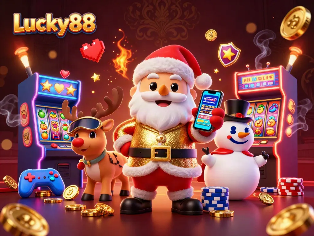 Experience the excitement of Lucky88 with Santa and friends in a vibrant casino scene filled with jackpot slots and games.