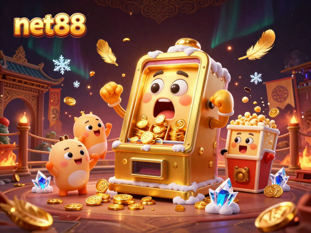 net88 showcases a golden slot machine in a vibrant 3D scene, celebrating a jackpot with coins and party elements.