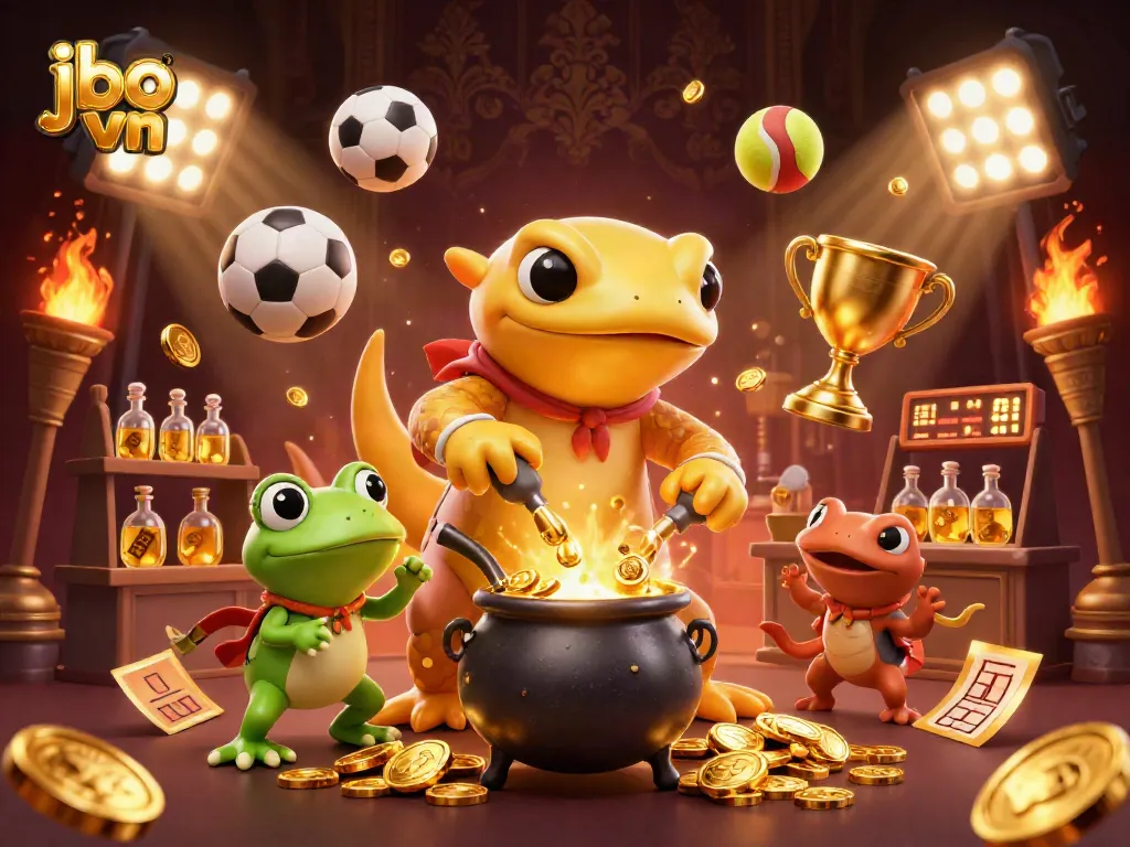 Win big with jbo vn's thrilling gaming experience featuring a golden salamander and vibrant sports elements.