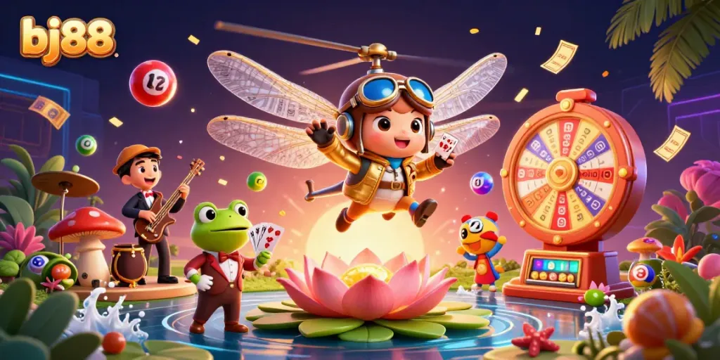 Experience the thrill of gambling with bj88 at a lively casino scene featuring a dragonfly pilot and a frog croupier.