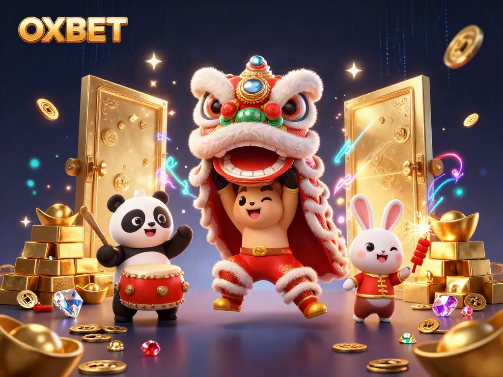 Experience thrilling wins with OXBET’s enchanting lion dance amidst treasures and vibrant casino elements