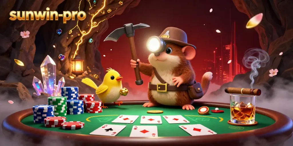 Experience the thrill of sunwin-pro with a cartoon treasure hunter mining gems at a vibrant poker table.