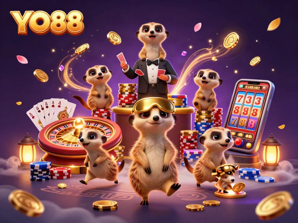 Experience the excitement of YO88 with meerkats in a lively casino scene featuring games and chips.