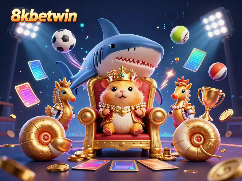 Witness the vibrant world of 8xbetwin where a fierce golden hamster king reigns from a megalodon throne.