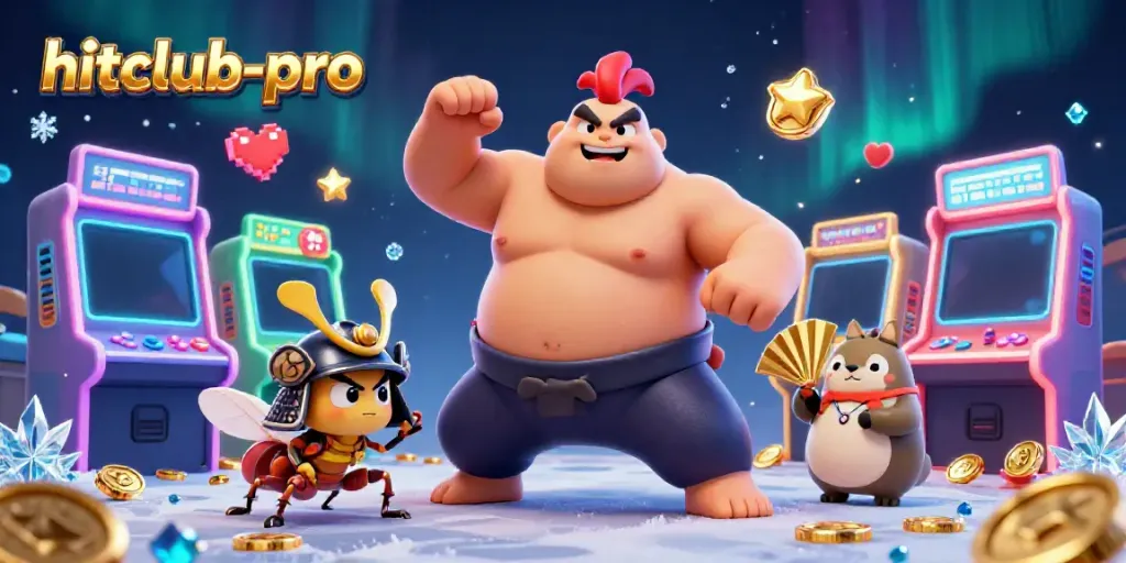 Experience thrilling gameplay with hitclub-pro's colorful casino illustration featuring dynamic characters and game elements.
