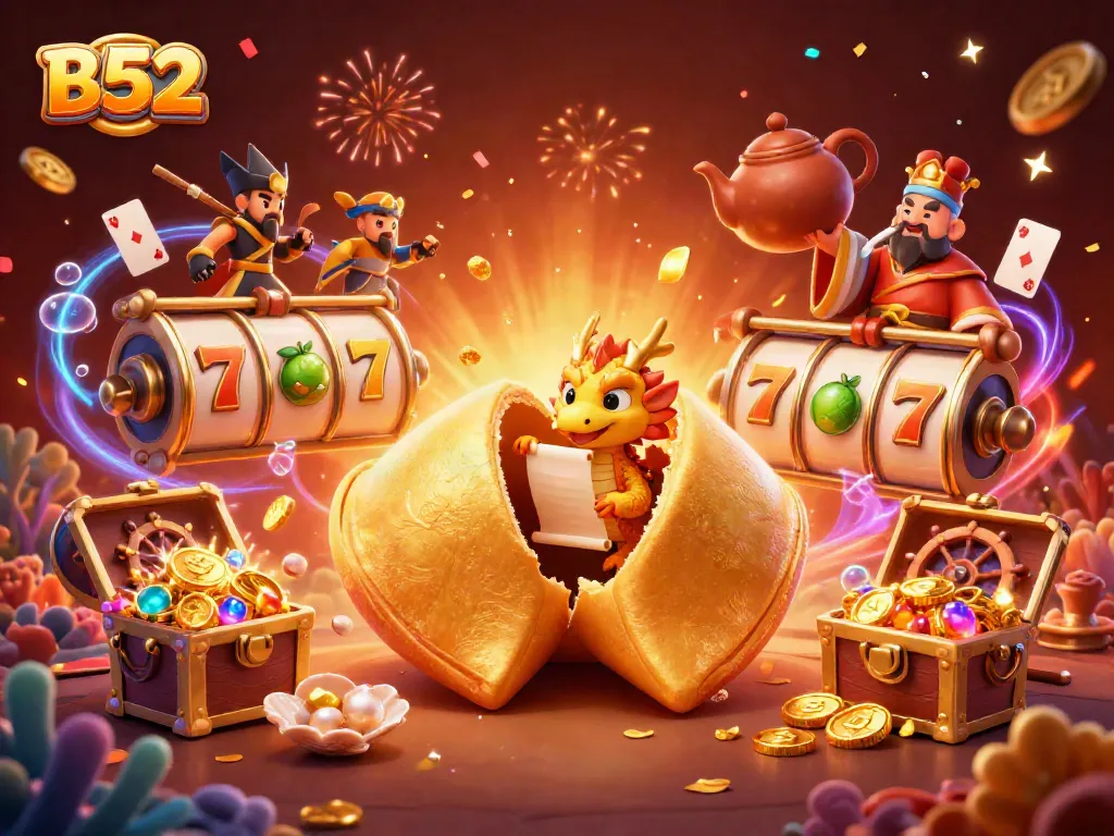 B52 casino slot scene with golden fortune cookie and vibrant gambling elements.