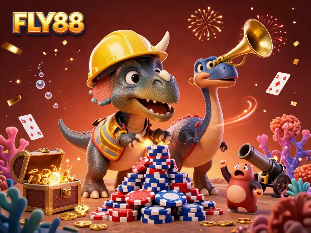 FLY88 showcases a vibrant casino scene with dinosaurs celebrating a poker party surrounded by treasures and festive decorations.