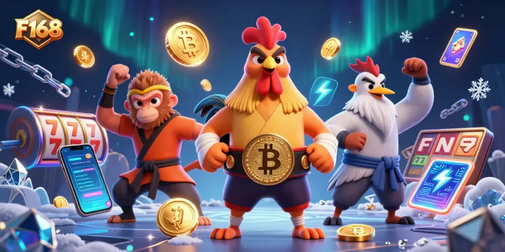 Join the excitement at F168 with vibrant casino characters and dynamic game elements illustrating thrilling gaming experiences.