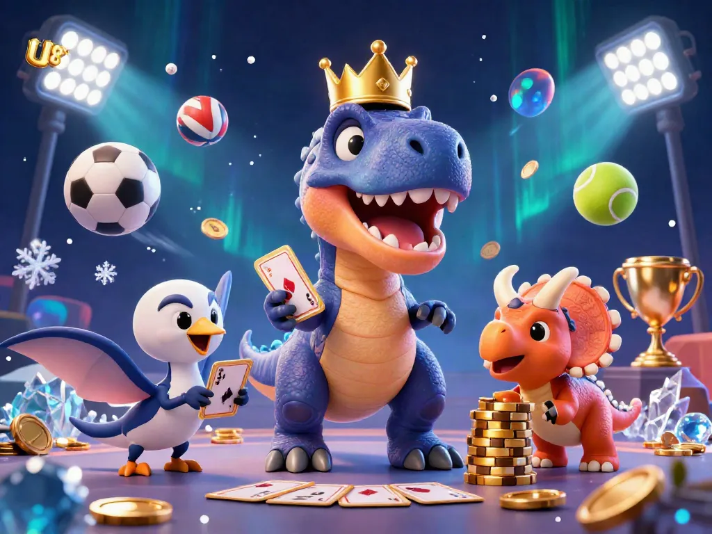 U888 casino animated scene featuring T-Rex shuffling cards, pterodactyl, and triceratops stacking chips.