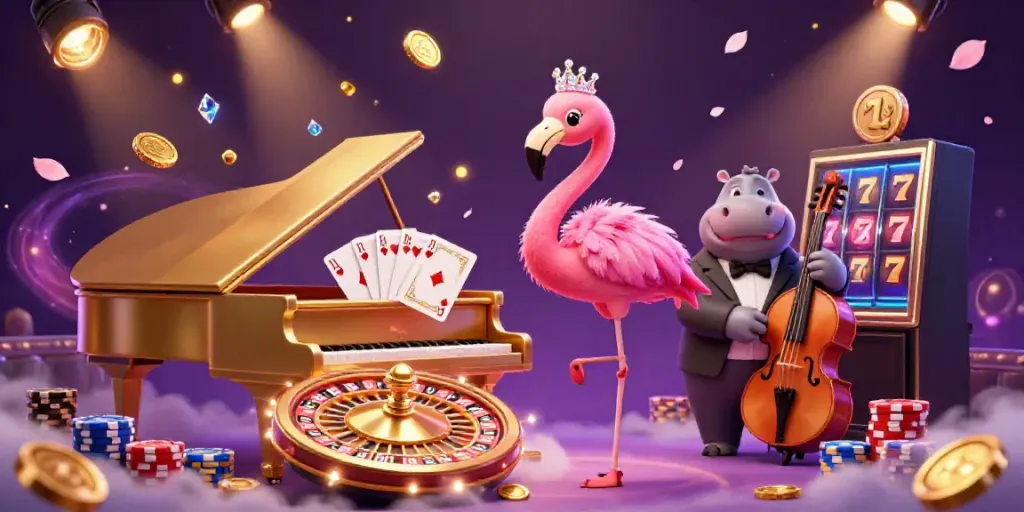 Engage with the vibrant manclubs universe featuring a singer flamingo and hippo bassist amidst golden casino elements.