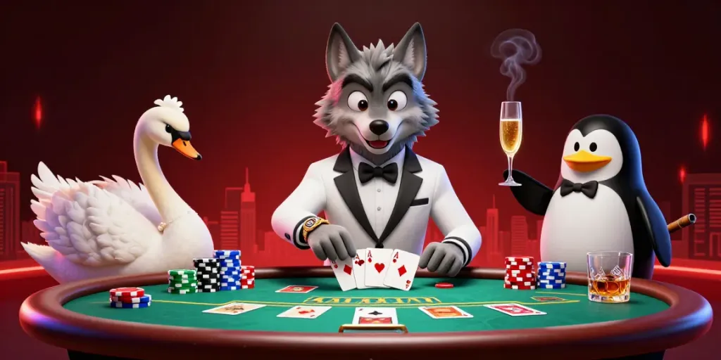 Experience the thrill of 78wind where a wolf, swan, and penguin bring baccarat to life in a dazzling casino.