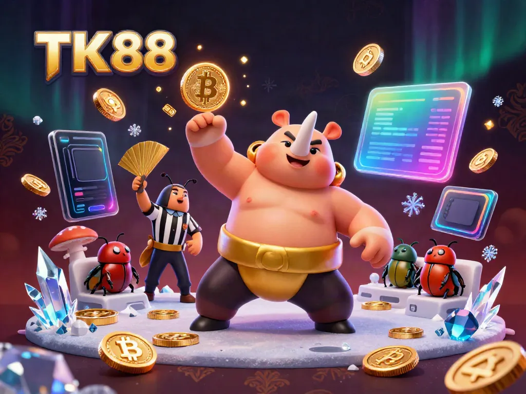 Experience the excitement of TK88 with a 3D sumo beetle champion and crypto-themed casino elements.