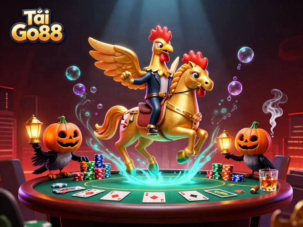 Tải Go88 showcases a vibrant casino scene with a golden rooster and pumpkin-headed crows enhancing the gaming atmosphere.