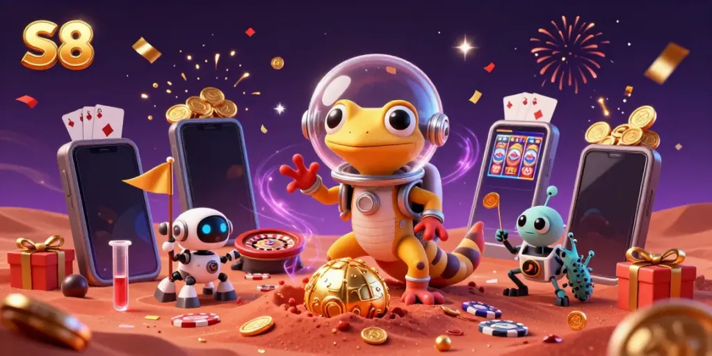 S8 unleashes a vibrant digital casino scene with Martian characters celebrating wins amid colorful gambling elements.