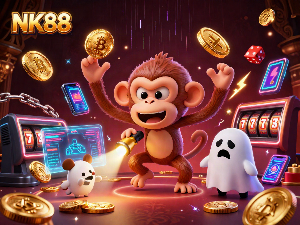 Engage with NK88 as the playful poltergeist monkey and ghost-hunter puppy explore a vibrant casino scene.