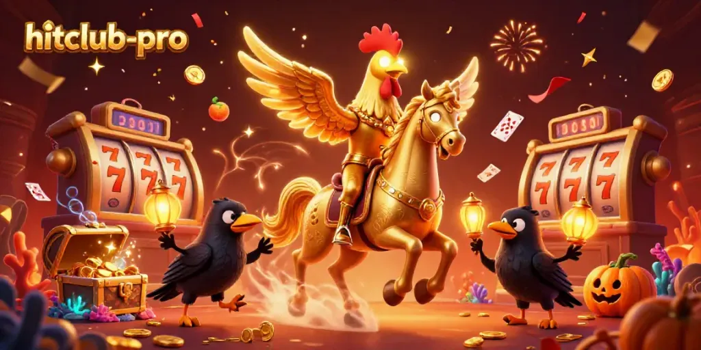 Experience thrilling moments at hitclub-pro with a golden rooster riding through a vibrant casino adventure.