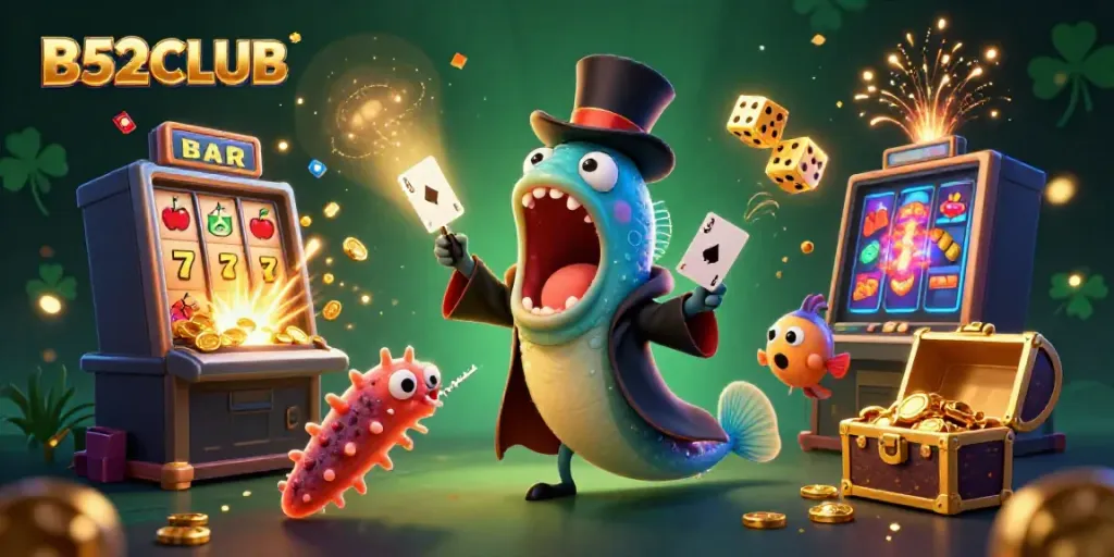 B52CLUB’s dynamic casino scene featuring a magical eel and anglerfish surrounded by festive gambling elements.