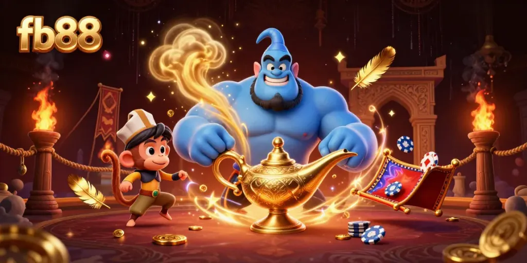Engage with fb88 through a magical 3D casino illustration featuring vibrant characters and elements.