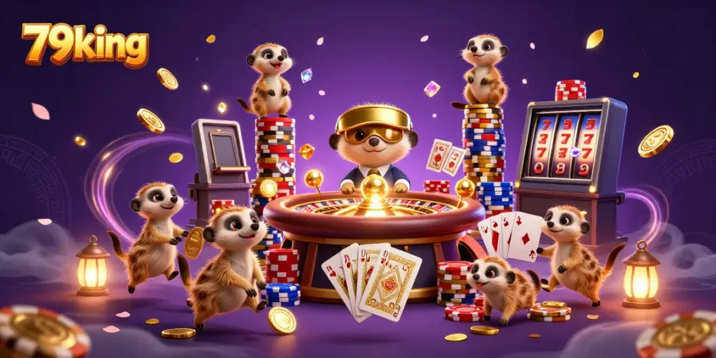 79king meerkats managing a casino, showcasing vibrant gaming elements and dynamic action.