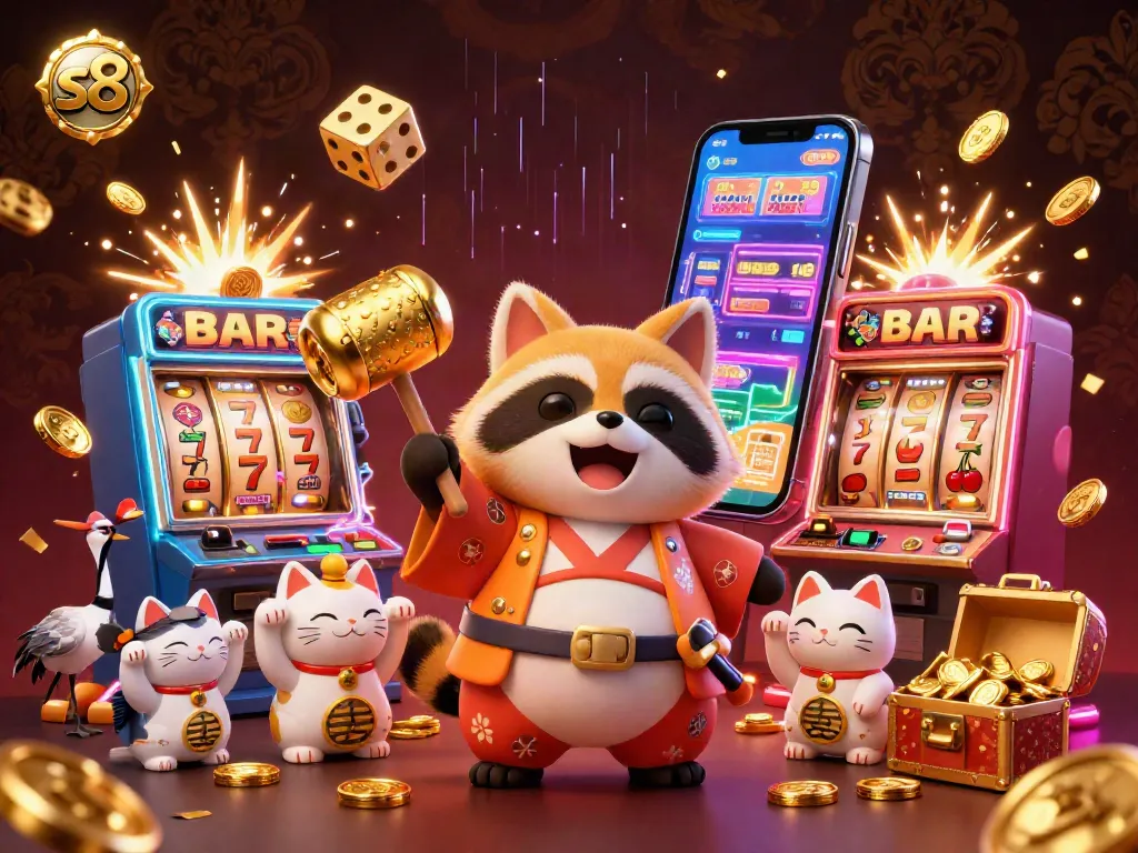 Engage with thrilling slot action at s8 with a cheerful tanuki and colorful casino elements.