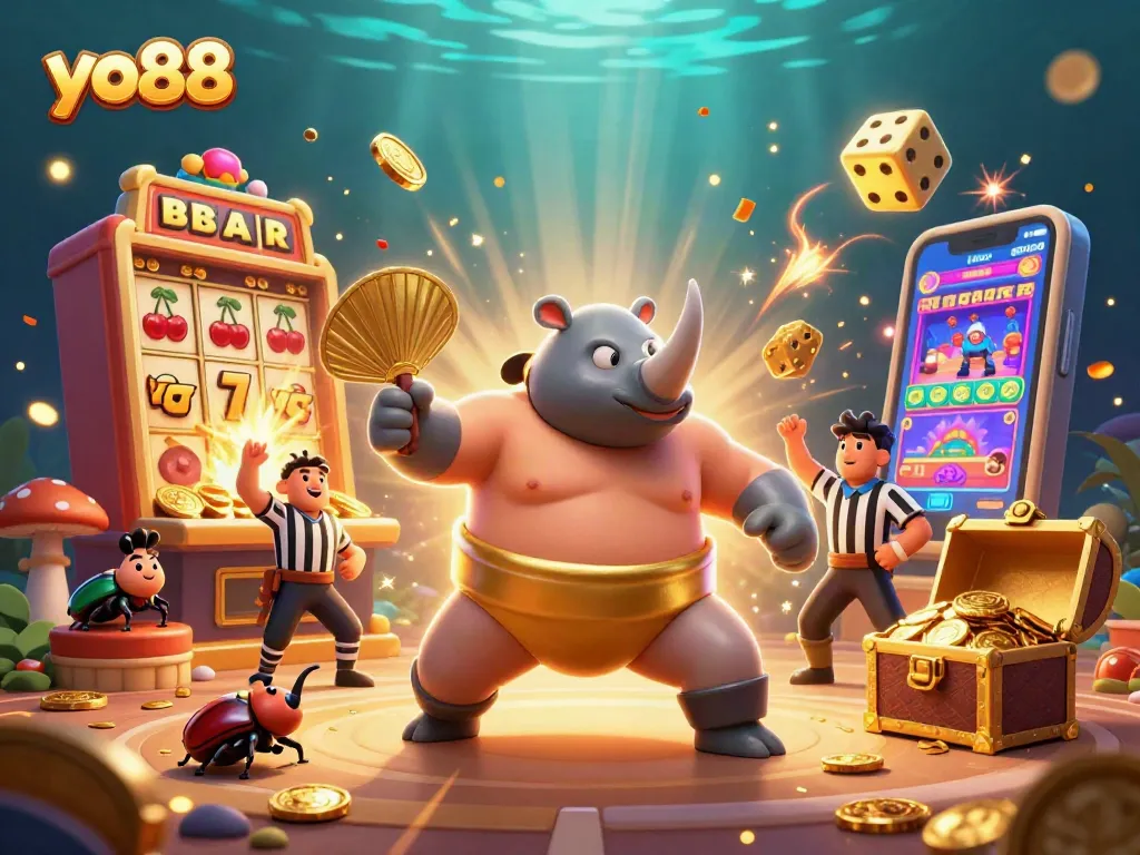 Experience thrilling gameplay at yo88 with a cartoon beetle champion amidst flying coins and jackpot allure