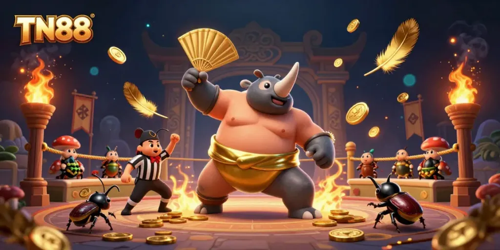 Engage in thrilling action with TN88 as the champion beetle sends coins flying in an exciting sumo arena.