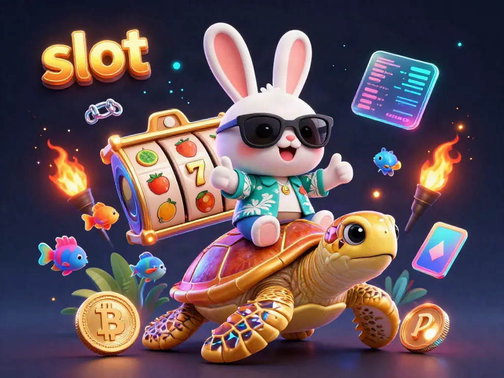 Spin the slot reels with luck, as a cartoon rabbit and turtle navigate this vibrant casino scene.