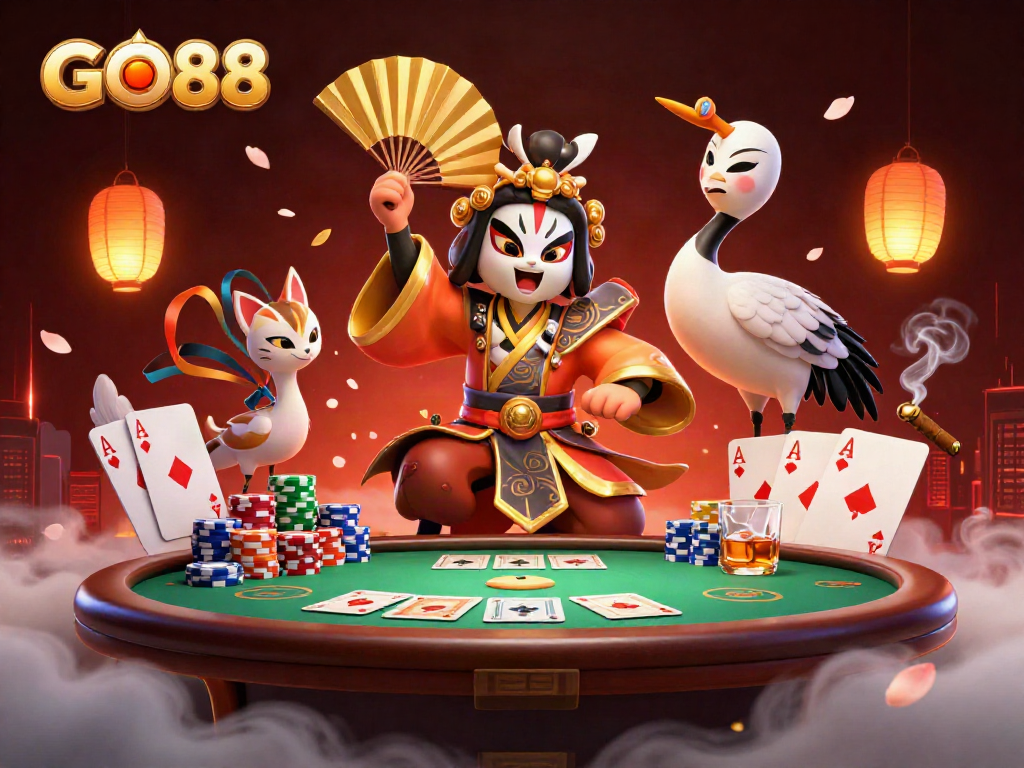 Engage in lively poker action with GO88, featuring vibrant characters and stunning casino elements.