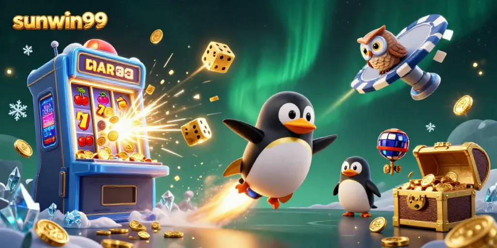 Experience sunwin99's thrilling gameplay with a vibrant scene of jackpot excitement and casino elements.