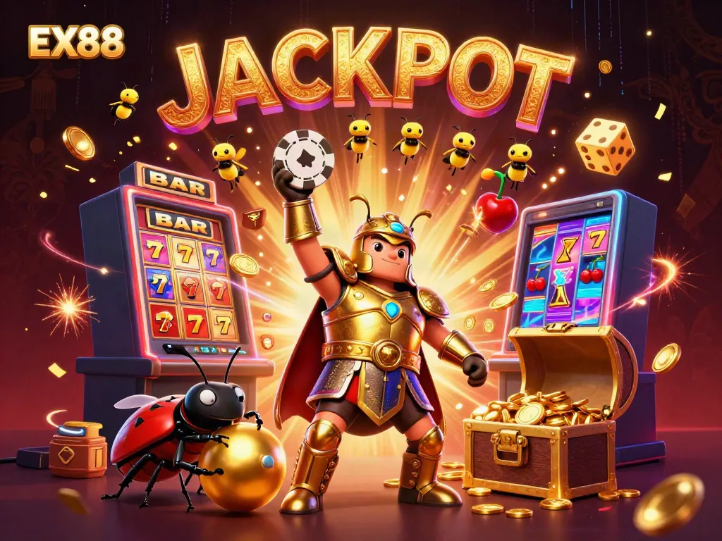 Experience the thrill of EX88 with vibrant casino-themed 3D characters celebrating a jackpot.
