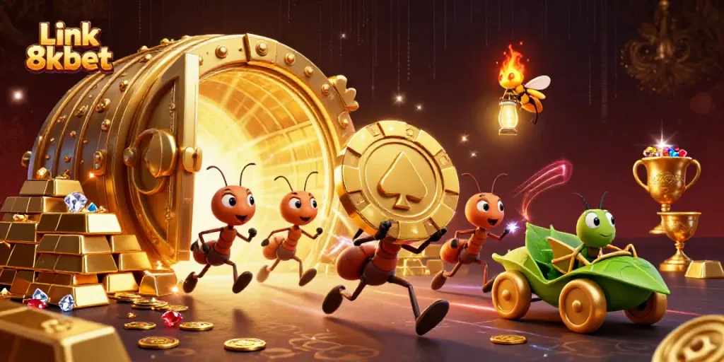 Link 8kbet showcases a vibrant 3D scene with ants heisting a golden poker chip amidst sparkling treasures.