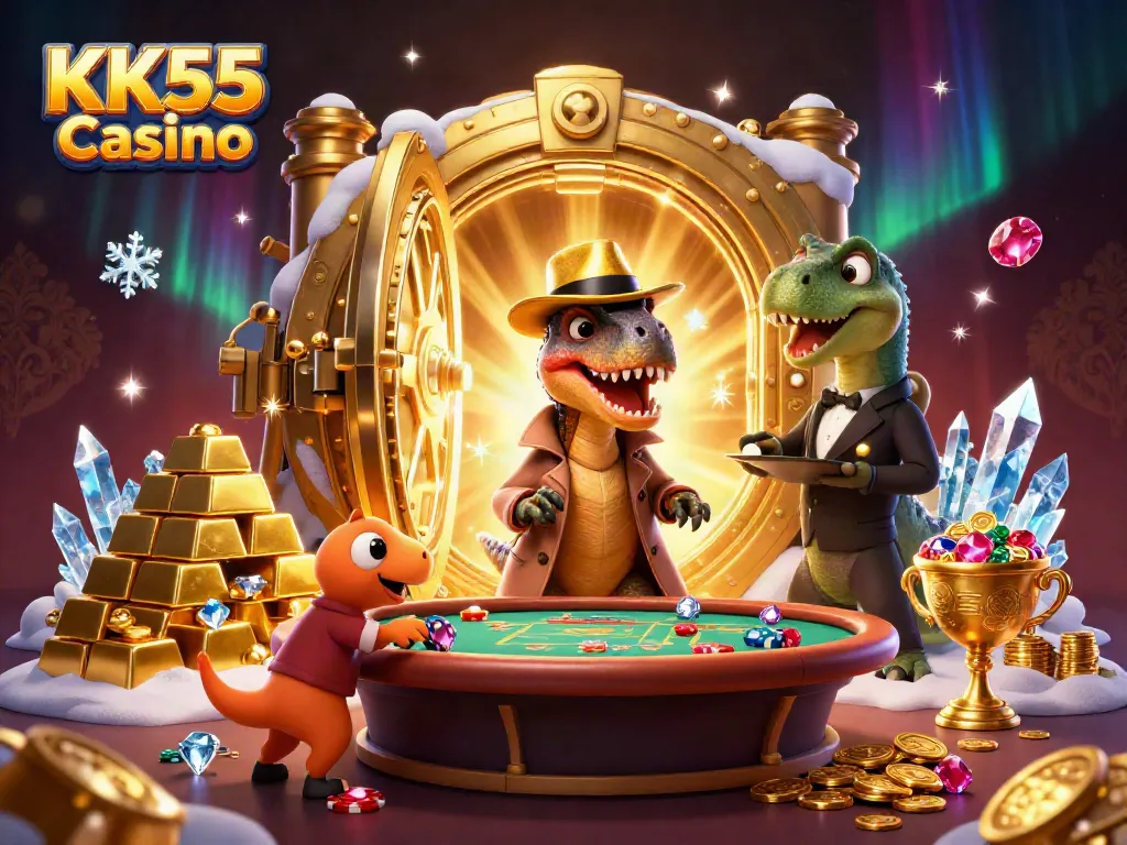 Experience the thrill at KK55 Casino with a cartoon velociraptor counter sneaking chips in a rich gaming scene.