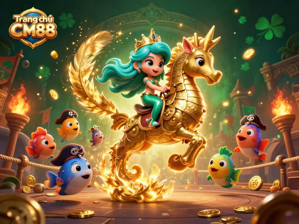 Experience excitement on Trang chủ CM88 with a vibrant 3D casino scene featuring a mermaid and seahorse.