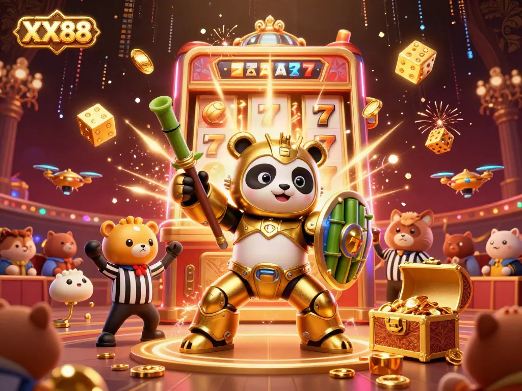 Experience the thrilling world of XX88 with a golden panda pilot in an action-packed casino scene filled with vibrant elements.