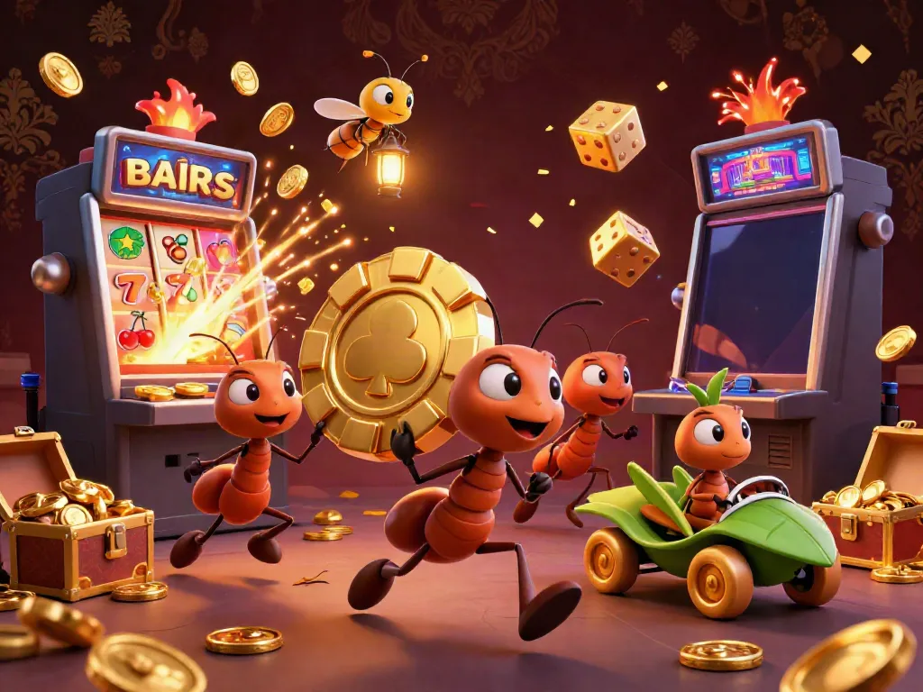 8XBET features a team of animated ants carrying a giant poker chip, surrounded by exploding jackpots and vibrant casino visuals.