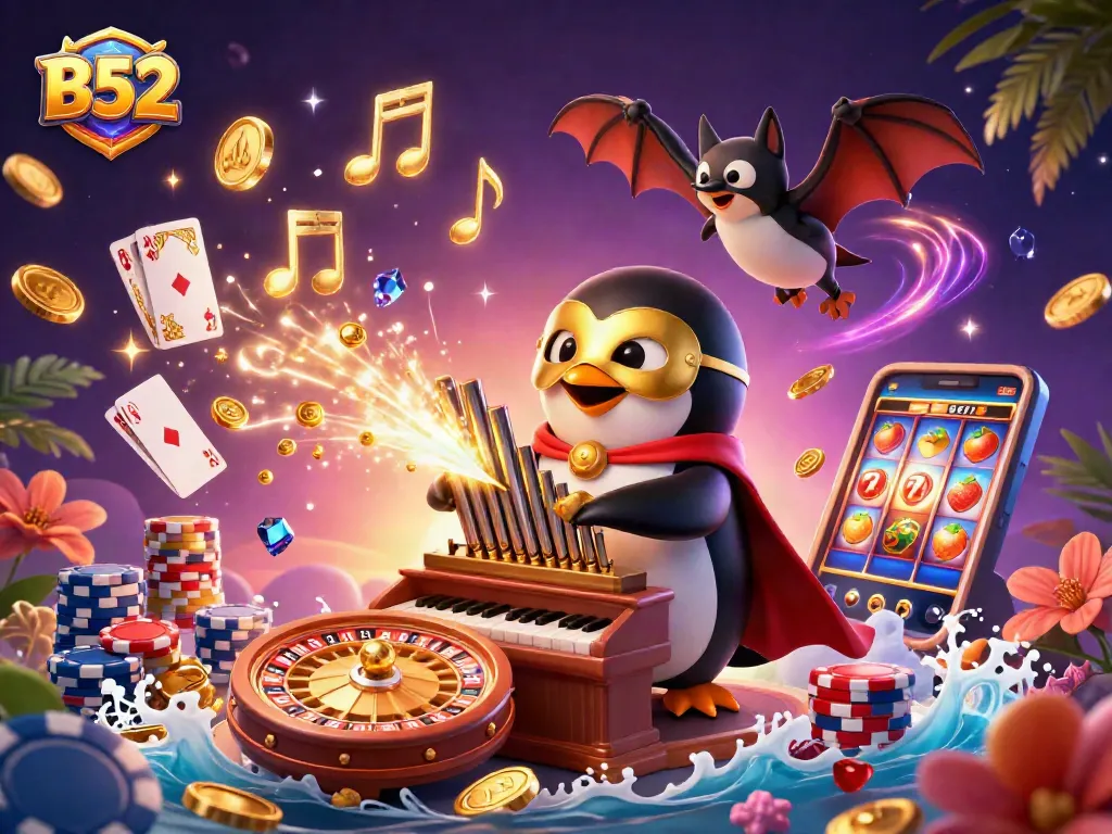 B52 slots action with a phantom opera penguin, golden coins, and a bat acrobat in a casino scene