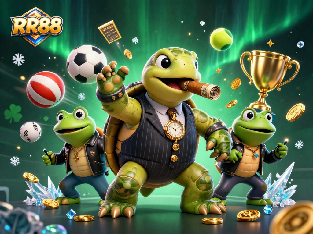 Join the action at RR88 with a lively scene featuring a cartoon snapping turtle and bullfrog enforcers amidst sports betting excitement.