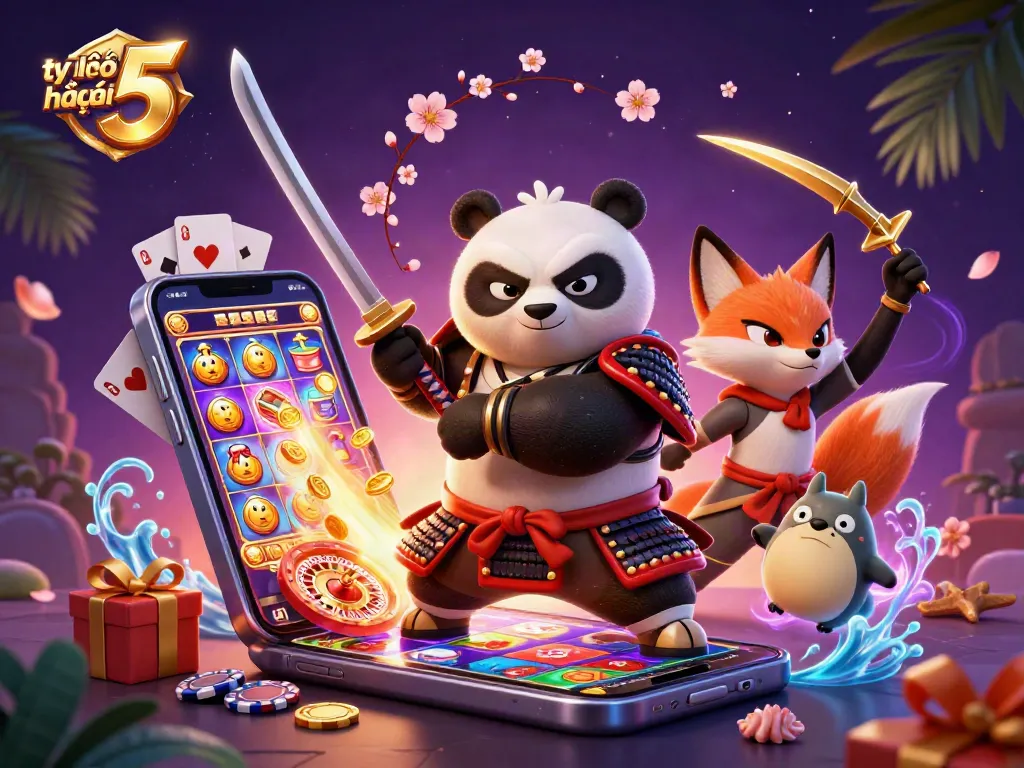 Experience exciting tỷ lệ kèo nhà cái 5 in a vibrant casino-themed digital scene.