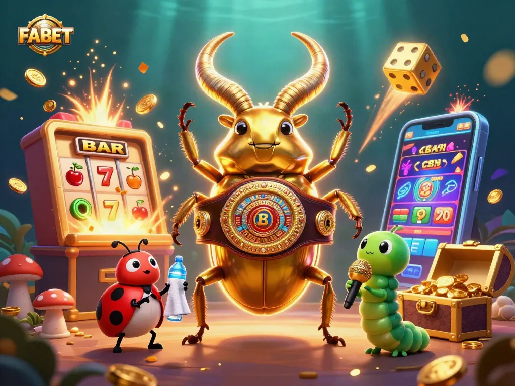 Experience the thrills of FABET with a golden stag beetle champion amidst casino games and jackpot excitement.