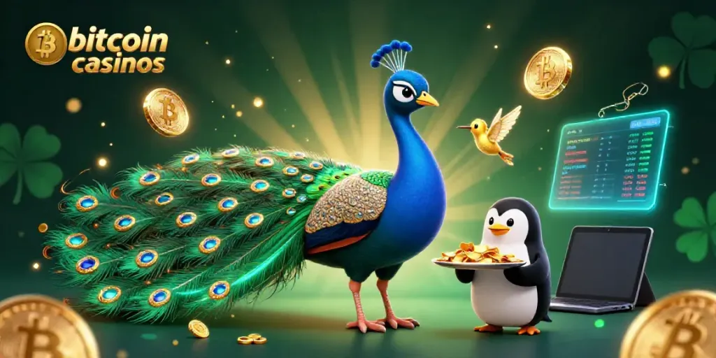 Experience the excitement of bitcoin casinos with a lively 3D scene featuring a colorful peacock, a butler penguin, and a golden hummingbird.