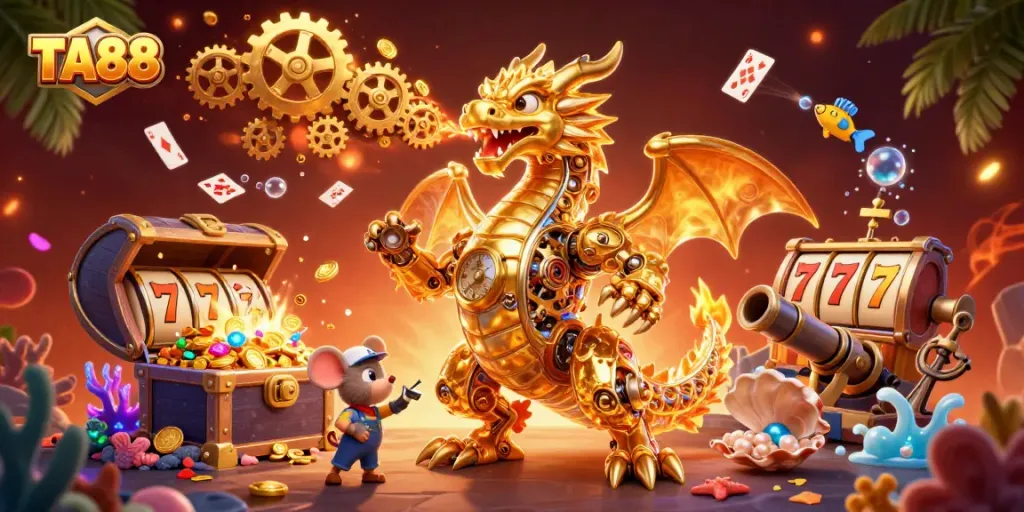 Engage with the thrilling TA88 casino experience featuring gold coins, slot reels, and a golden dragon.