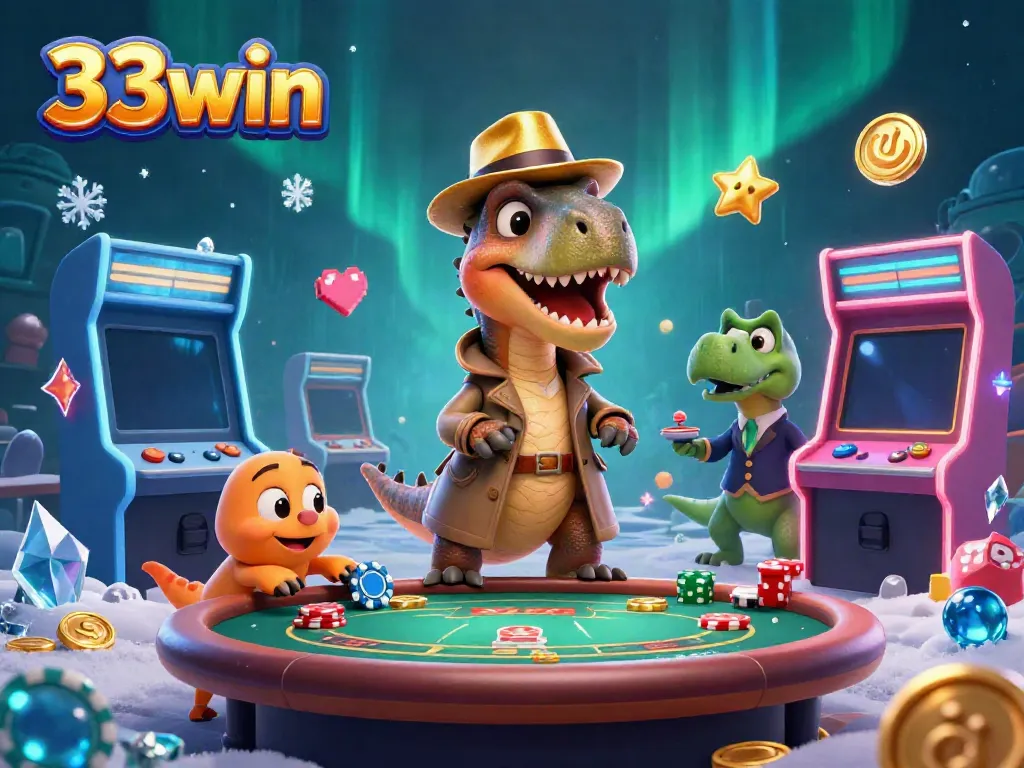 33win animated velociraptor at a casino blackjack table, enhancing gaming excitement and dynamics.
