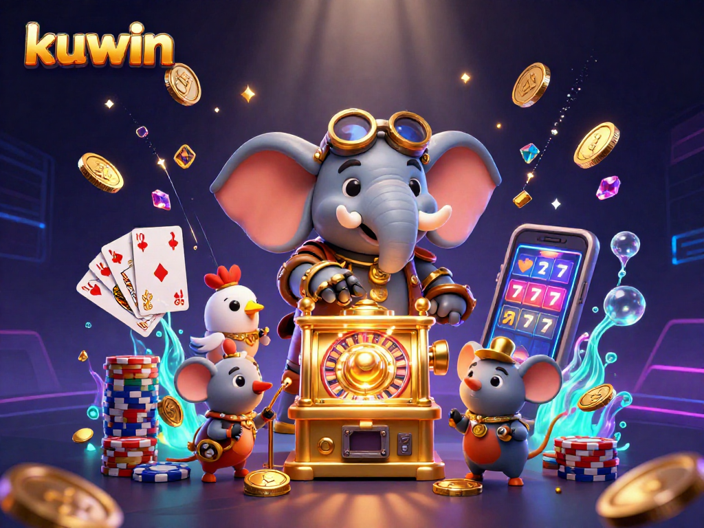 Experience the excitement at kuwin with a steampunk elephant engineer operating a golden slot machine.