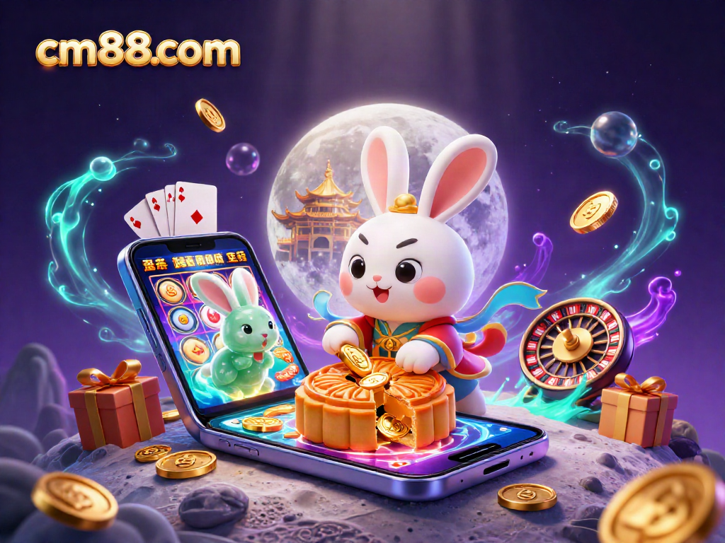 Exciting cm88com casino scene with a moon rabbit and gaming elements bursting with energy